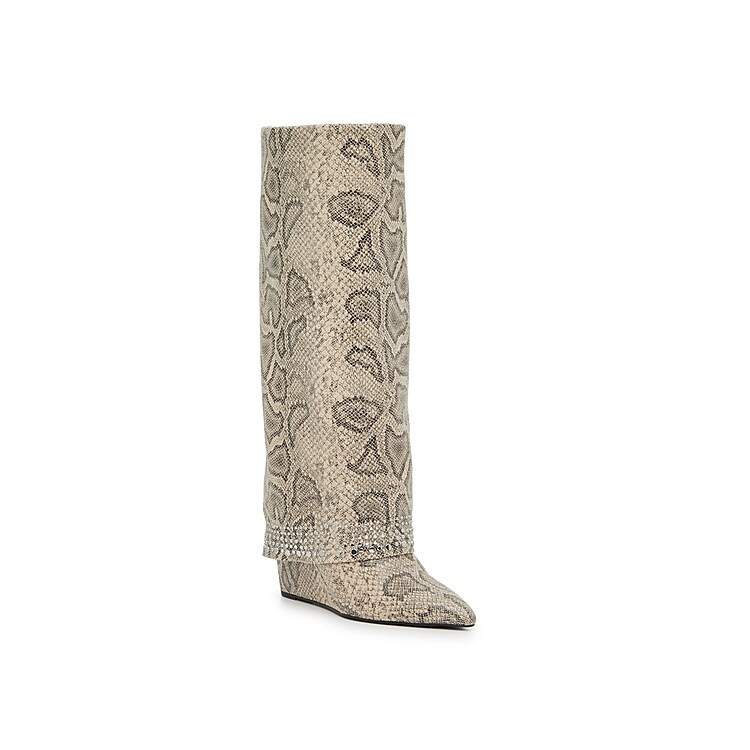 Madden Girl Evander Wide Calf Foldover Boot | Women's | Beige/Black Snake Print | Size 5.5 | Boots | Foldover | DSW
