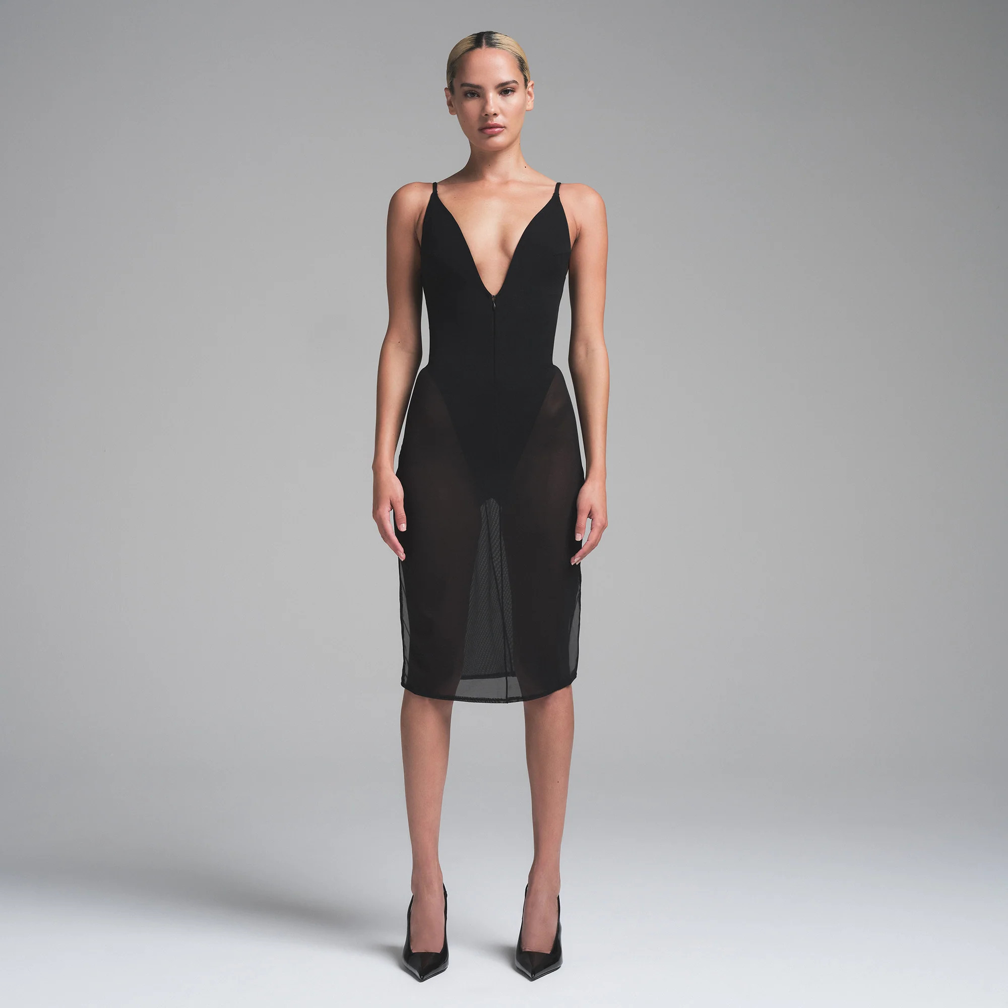 SKIMS Mesh Plunge Midi Dress | Black | Medium | SKIMS Body | SKIMS (US)