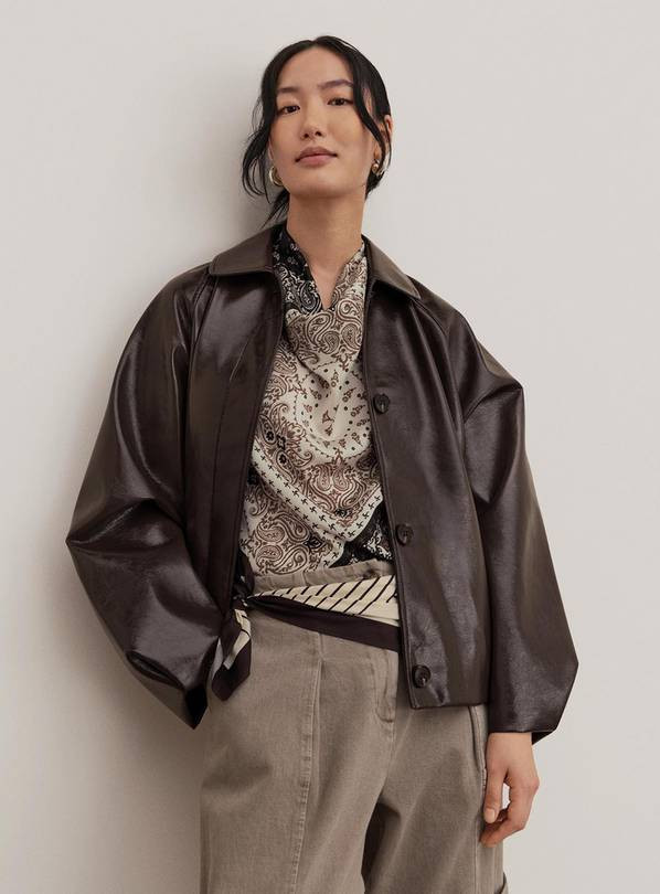 Brown PU Bubble Hem Jacket L | Tu Clothing