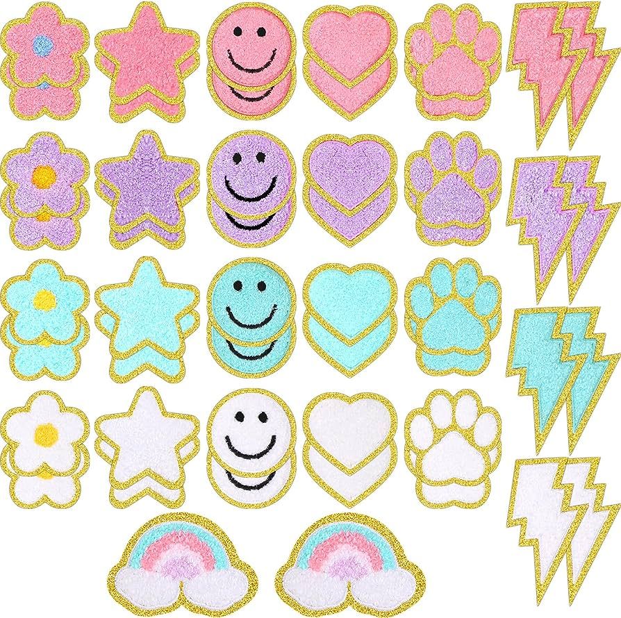 Yilloog 50 Pcs Self Adhesive Chenille Patches Paw Print Patches Smile Face Heart Patches Preppy P... | Amazon (US)