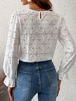CUPSHE Women Eyelet Long Sleeve Tops Shirts Dressy Hollow Out Crochet Lace Embroidered Blouses 20... | Amazon (US)