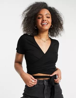 ASOS DESIGN wrap top with short sleeve in black | ASOS (Global)