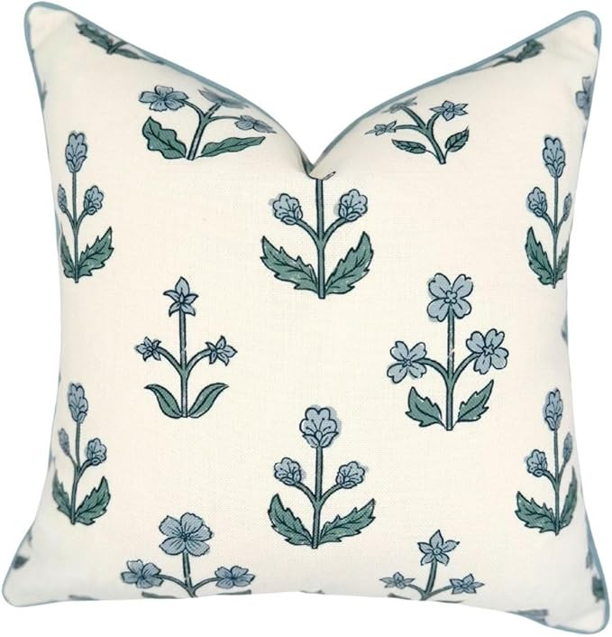 "The Bella Blockprint Pillow Cover 20" x 20" Blue and White Grandmillennial Pillow Cover | Amazon (US)