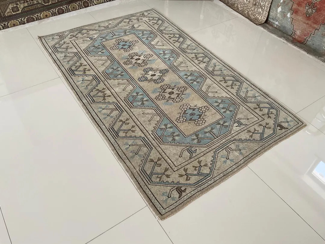 Vintage Turkish Handwoven Wool Rug: 4x6 Ft Beige Blue Oushak Style - Etsy | Etsy (US)