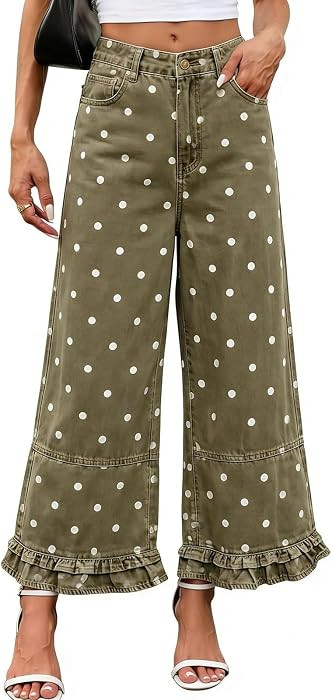 CHARTOU Ruffle Hem Bell Bottom Jeans for Women Polka Dot Ankle Baggy Jeans Crop Denim Wide Leg Pa... | Amazon (US)