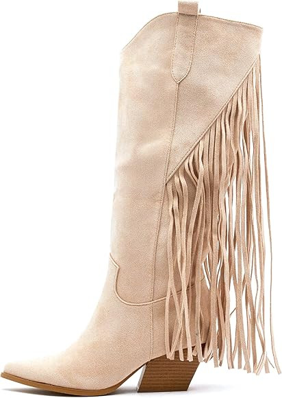 Women's Fringe Cowboy Boots Western Cowgirl Pointed Toe Chunky Mid Heel Pull-on Knee High Boots 7... | Amazon (US)