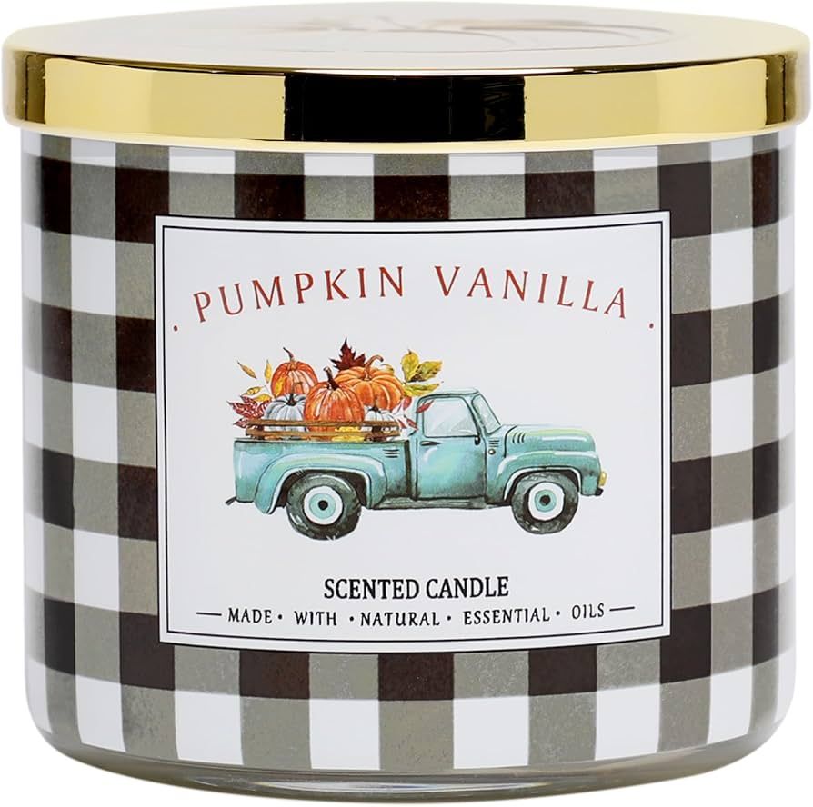 Pumpkin Candle Fall Candle Pumpkin Vanilla Secented Candle Autumn 3 Wicks Large Candle 14 oz | Amazon (US)