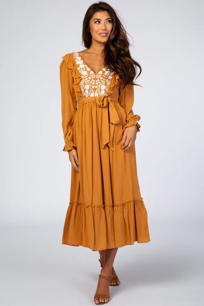 Gold Floral Embroidered Ruffled Midi Dress | PinkBlush Maternity