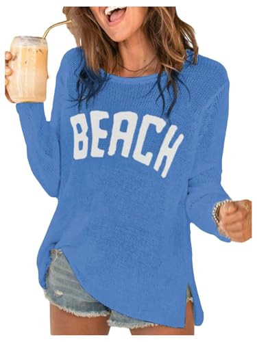 COZYEASE Women's Beach Cover Up Letter Print Long Sleeve Sweater Crew Neck Split Hem Crochet Jump... | Amazon (US)