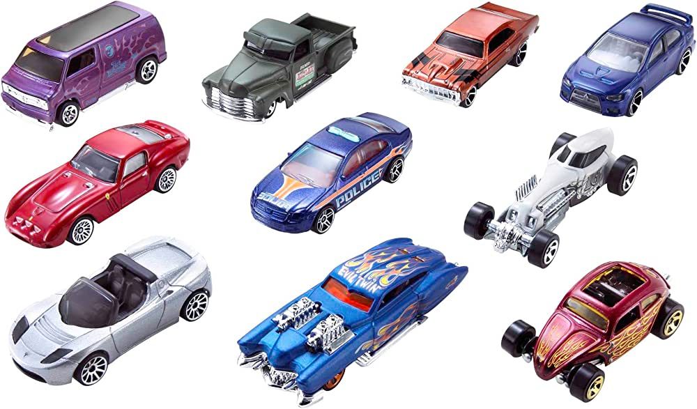 Hot Wheels Set of 10 Toy Cars & Trucks in 1:64 Scale, Race Cars, Semi, Rescue or Construction Tru... | Amazon (US)