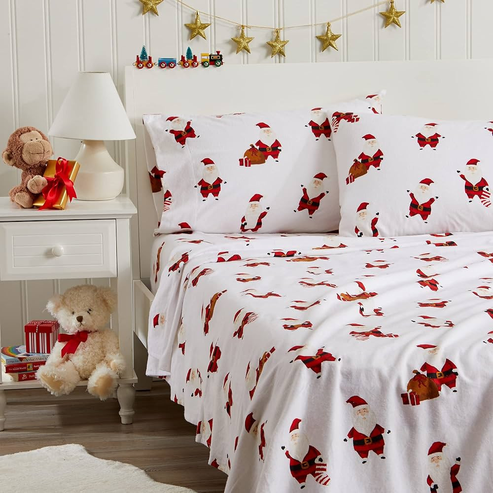 Great Bay Home 100% Turkish Cotton Twin Kids Christmas Flannel Sheet Set | Deep Pocket Fitted She... | Amazon (US)