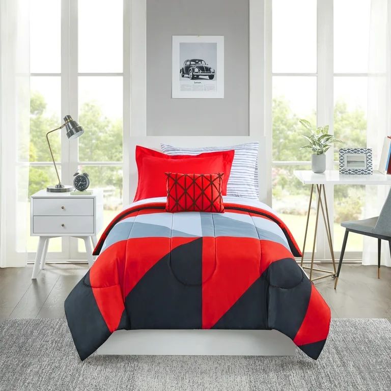 Mainstays Red and Black Geometric 6 Piece Bed in a Bag Comforter Set With Sheets, TW/TWXL | Walmart (US)