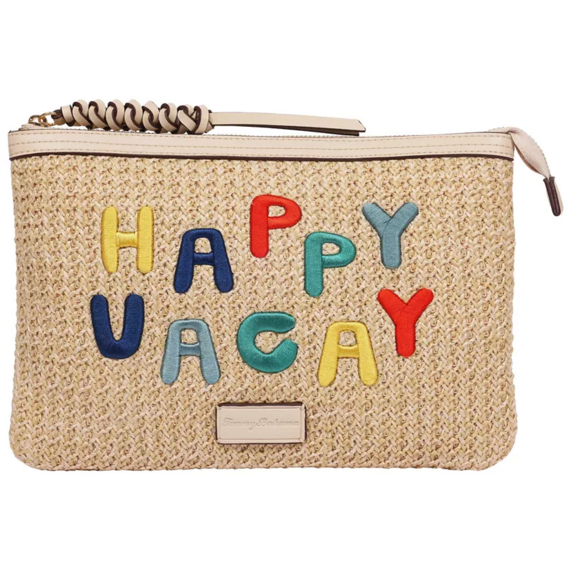 Tommy Bahama Happy Vacay Raffia Clutch – Woven Straw Zip Pouch with Embroidered Lettering | Belk