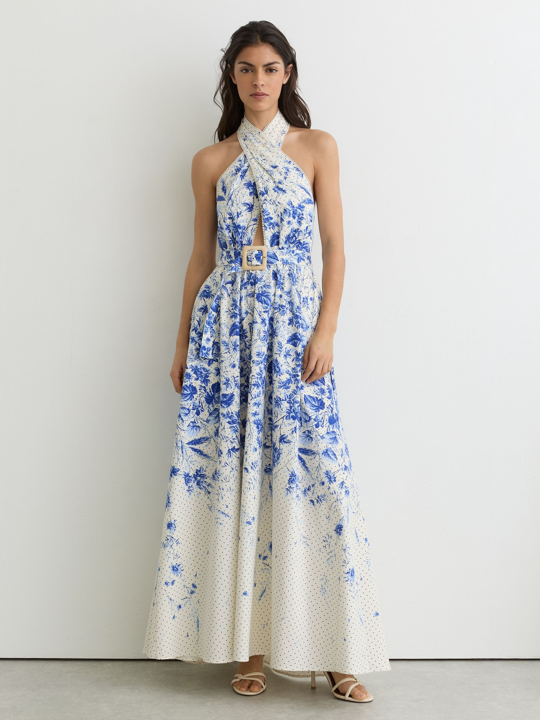 Petite Cotton Floral-Print Belted Maxi Dress with Stretch in Ivory/Blue | Reiss UK