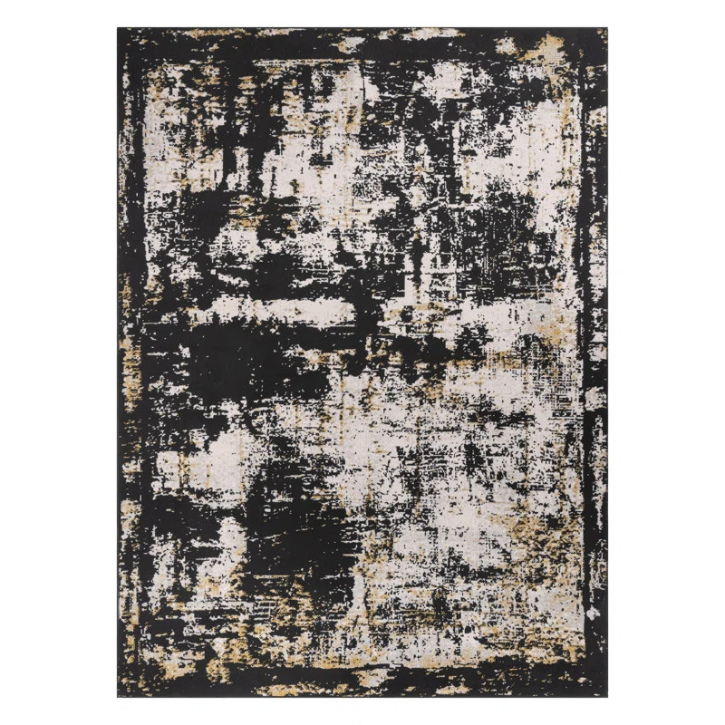 Lela Collection Neutral Ivory, Black, And Gold Abstract Polyester Rug | Wayfair North America