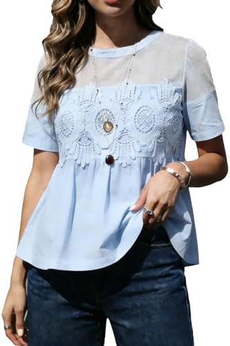 Lace Short Sleeve Babydoll Top Pleated Hem Mesh Detailing Elegant Casual Blouse for Beach Vacatio... | Amazon (US)