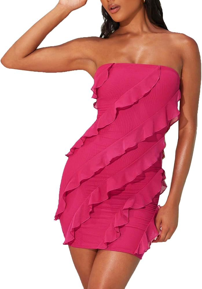Women\u2019s Sexy Bodycon Mini Dress Ruffle Strapless Sleeveless Backless Party Club Tube Dresses | Amazon (US)