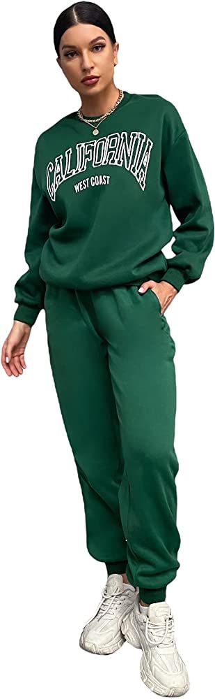 MAKEMECHIC Women's Sweatsuits Casual 2 Piece Outfits Letter Graphic Crewneck Sweatshirt and Jogger p | Amazon (US)