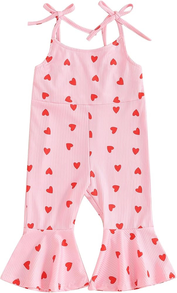 Toddler Baby Girls Valentines Day Jumpsuit Heart Print Sleeveless Tie-Up Ribbed Flare Pants Suspe... | Amazon (US)