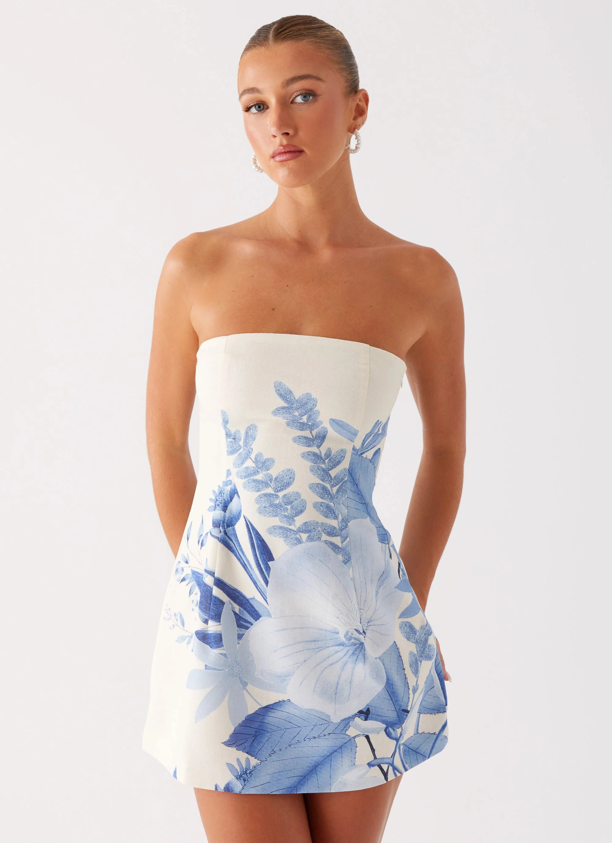 Denby Strapless Mini Dress - Blue Floral Print | Peppermayo (Global)