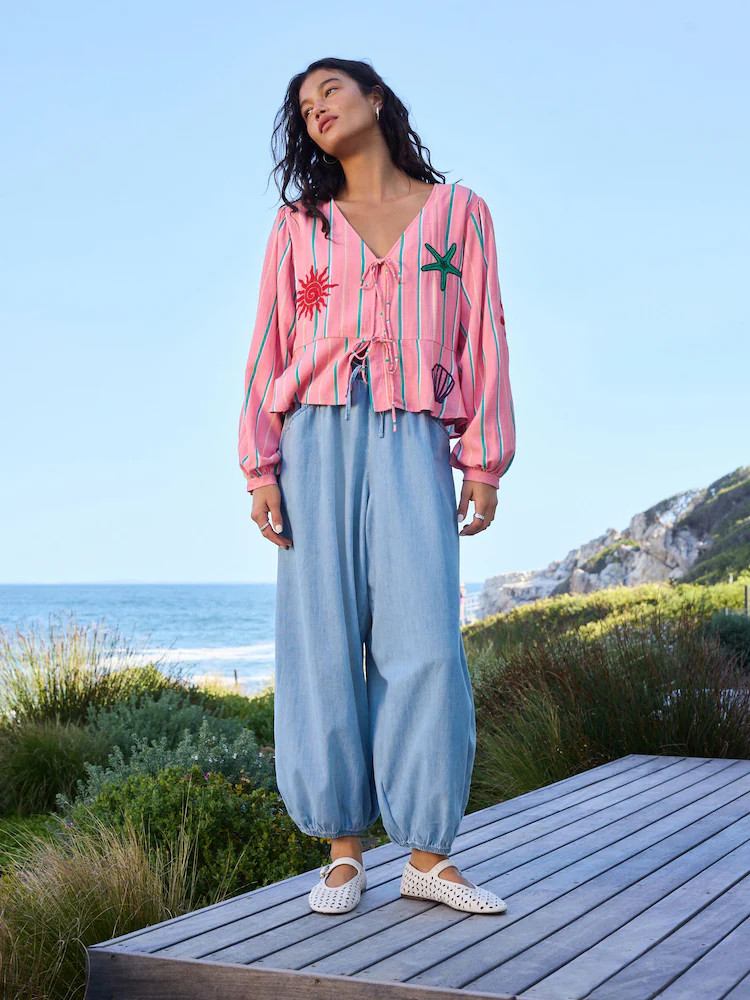 Buy Pink Stripe Tie-Front Linen Blend Embroidered Blouse from Next Belgium | Next EU