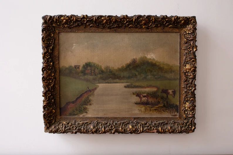 French Landscape of Boy Fishing by the River With Cows / Original Oil Painting / Antique Wall Art... | Etsy (US)