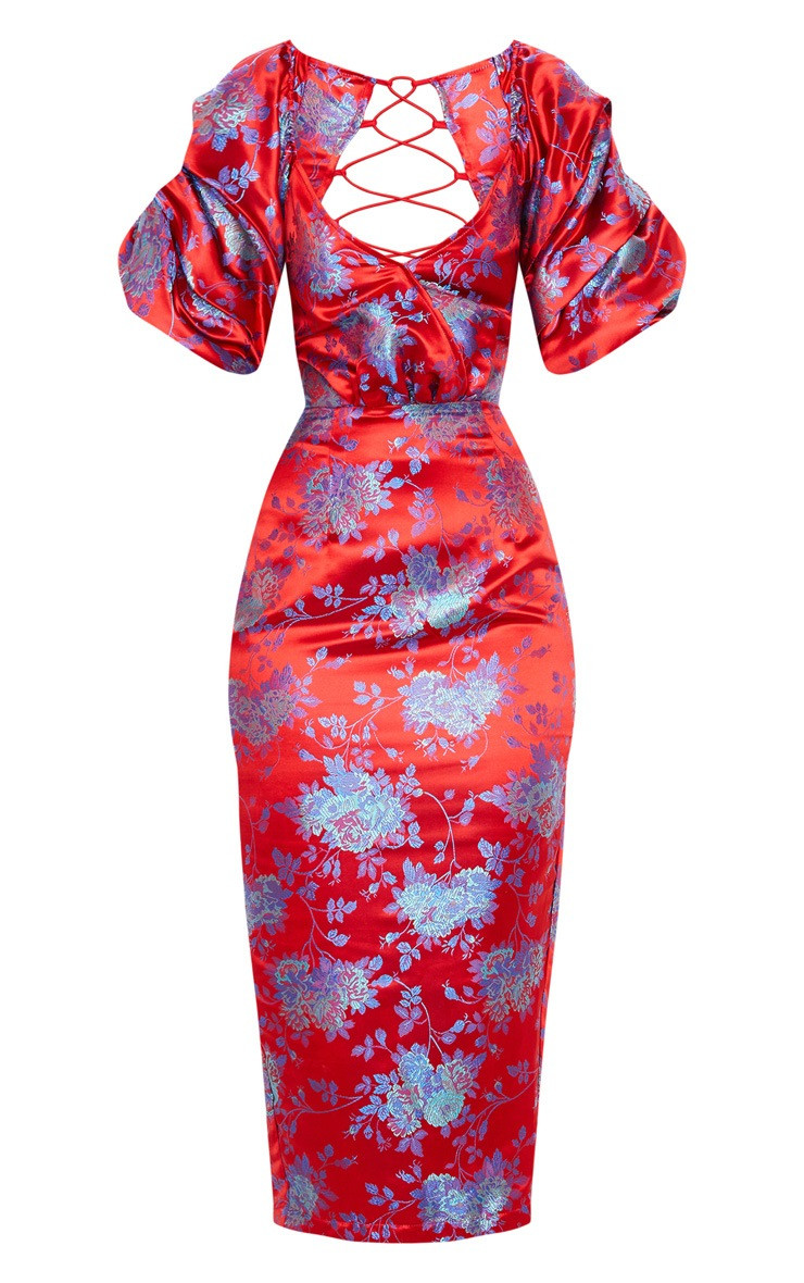 Red Floral Jacquard Lace Up Back Midi Dress | PrettyLittleThing US