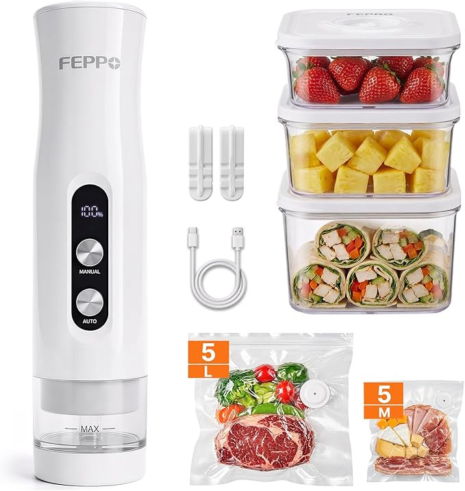 FEPPO Compact Vacuum Sealer for Food (Vacuum Sealer Machine + 3 Containers + 10 Reusable Bags), A... | Amazon (US)