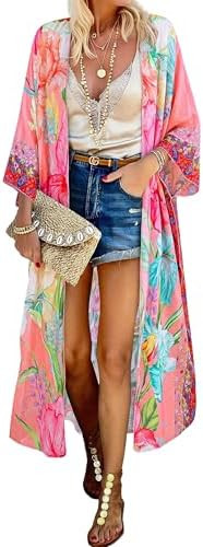 MayBuy Women's Summer Long Flowy Kimono Cardigans Boho Chiffon Beach Cover Up Tops | Amazon (US)