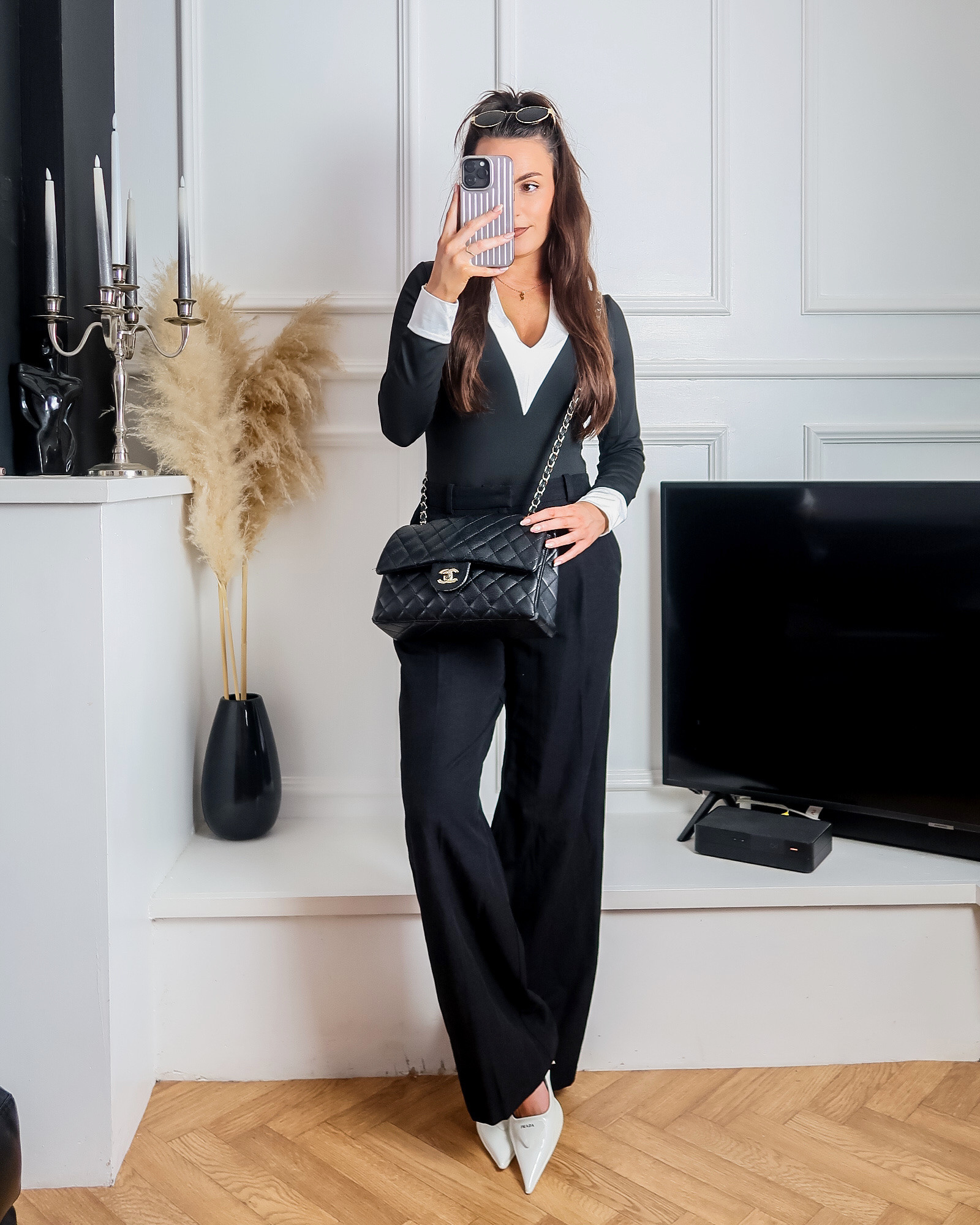 monochrome outfit, black and white fashion, chic and tailored, effortless style, polished fashion, modern elegance, classic style, European fashion, fashion forward, city chic, minimalist aesthetic, timeless dressing, capsule wardrobe, outfit inspiration, sophisticated fashion, shein bodysuit, black and white contrast bodysuit, old money workwear outfit, marks and Spencer tailored trousers, white prada kitten heels, celine style sunglasses 

#LTKuk #LTKspring #LTKeurope