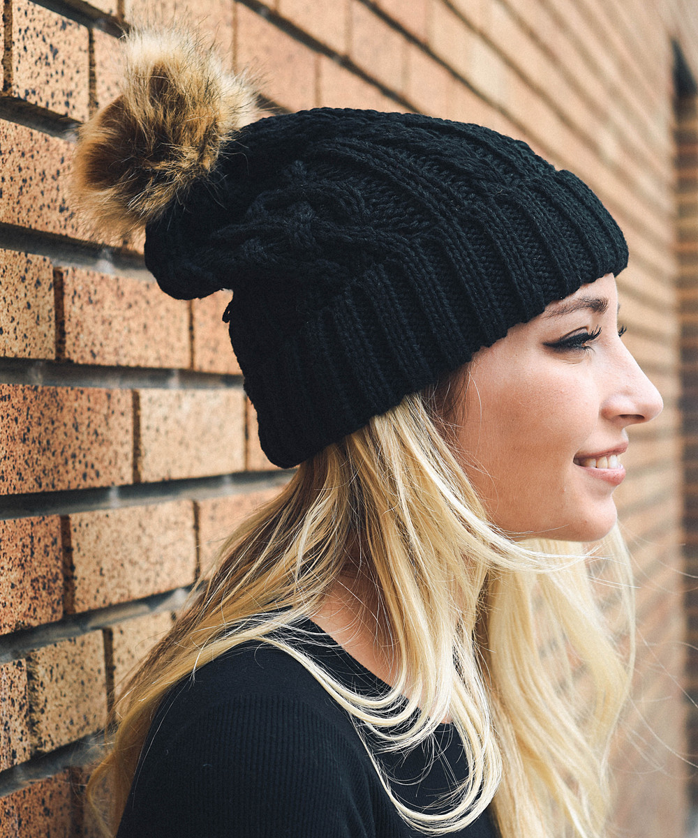 Leto Collection Women's Beanies BLACK - Black Cable-Knit Faux Fur Pom-Pom Beanie | Zulily