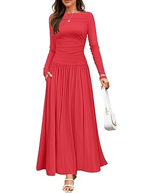 ZESICA Women's Long Sleeve Fall Maxi Dress 2025 Crewneck Knit Casual Slim Swing Pleated Dresses w... | Amazon (US)