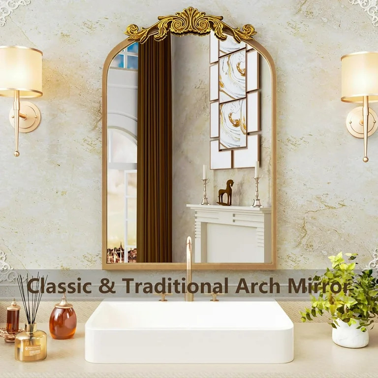 Swafrrt 20" x 32" Antique Gold Baroque Arch Wall Mirror, Vintage Bathroom Mirror with Aluminum Fr... | Walmart (US)
