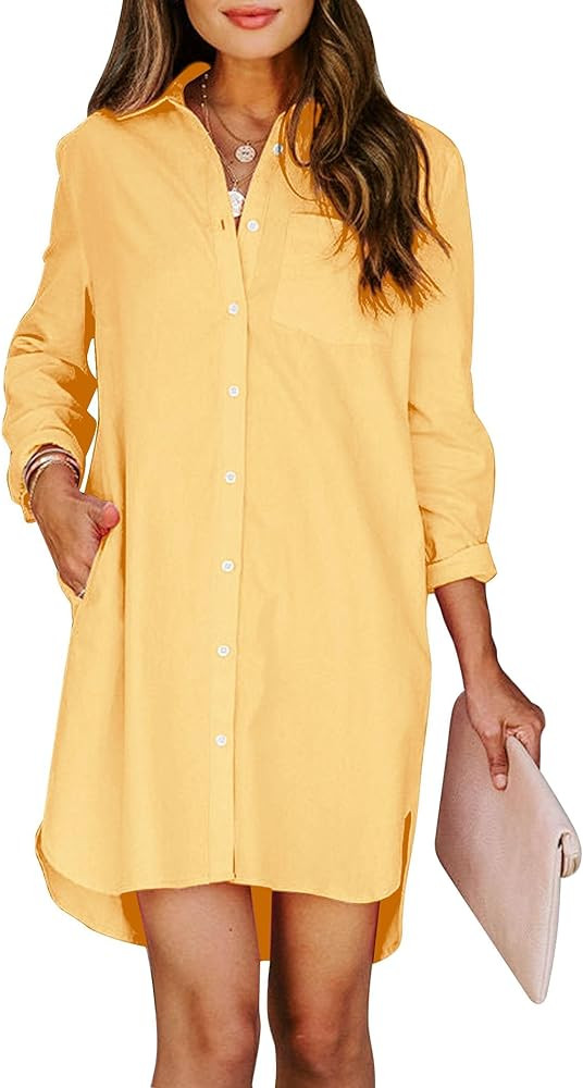 Womens Button Down Shirt Dresses with Pockets Cotton Button Up Tunics Long Sleeve Solid High Low ... | Amazon (US)