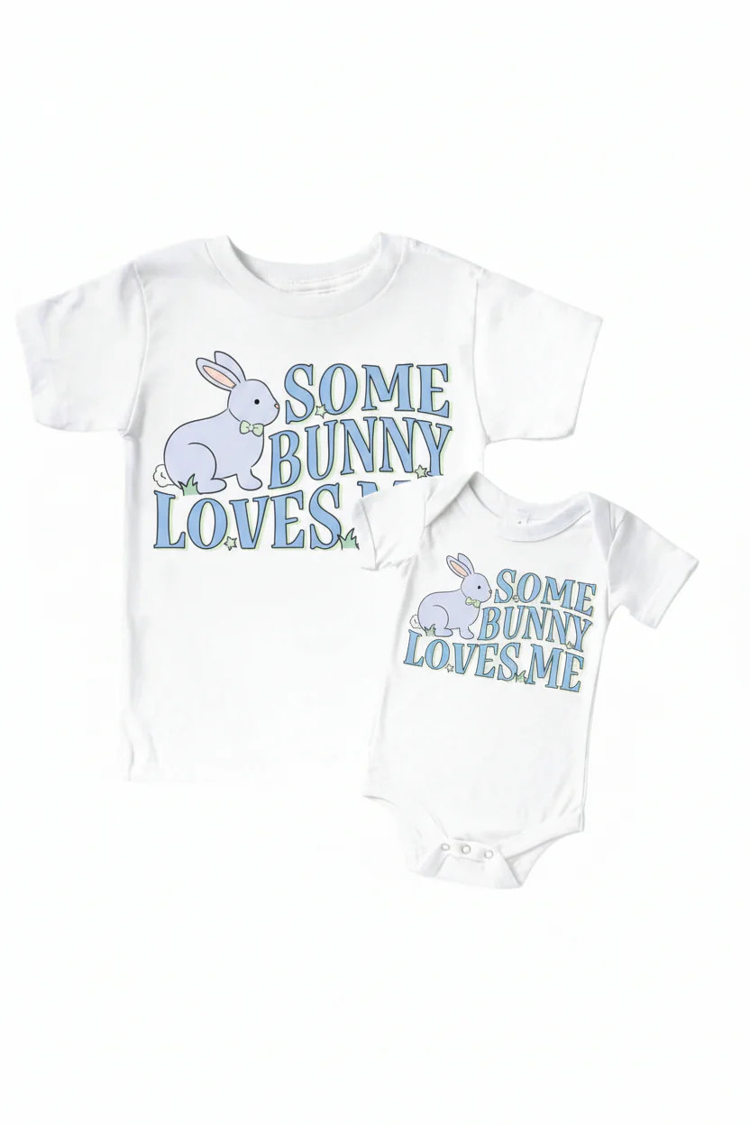 Some Bunny Loves Me Blue Graphic Bodysuit & Kids Tee | White | Caden Lane