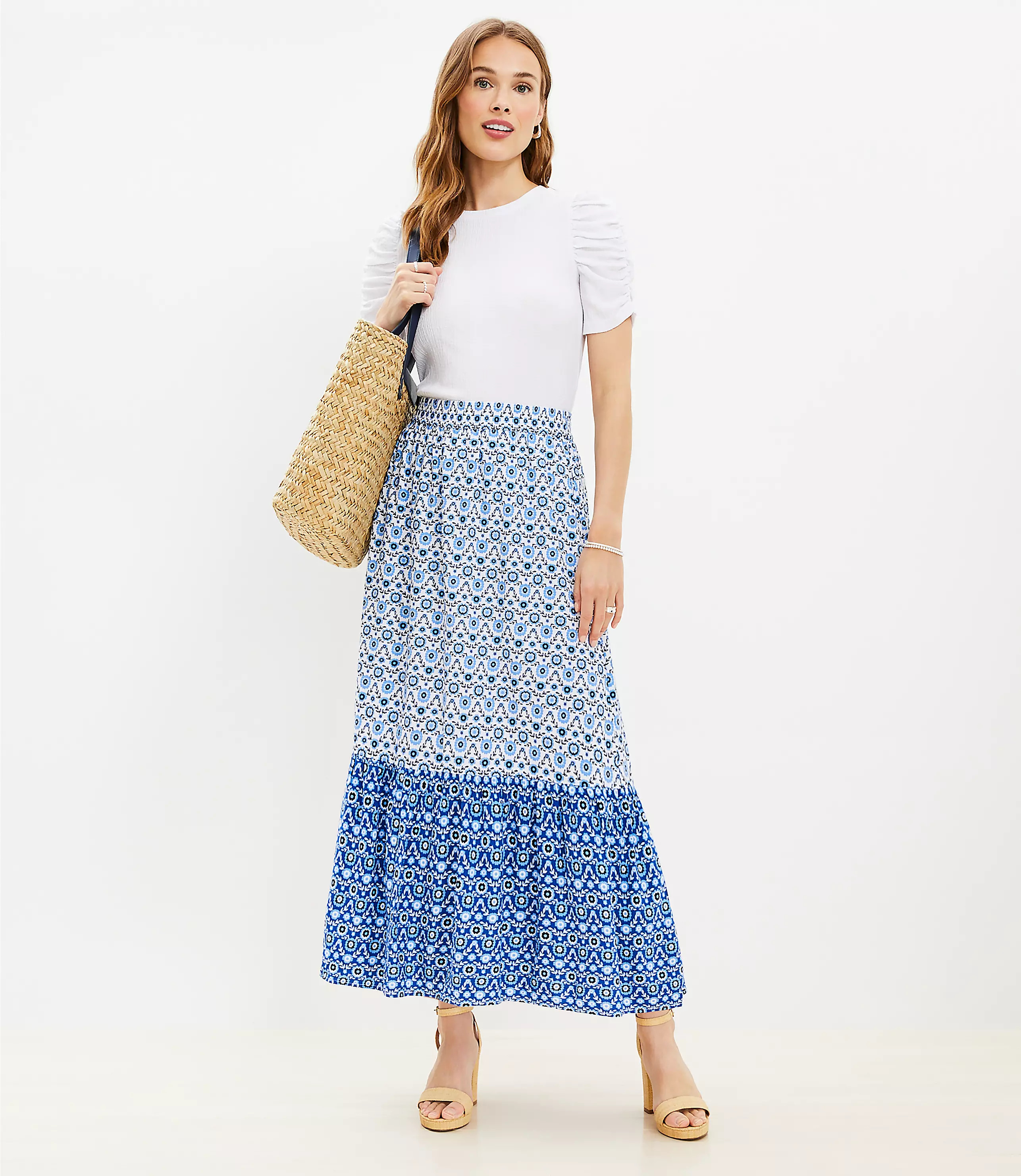 Doily Floral Tiered Pull On Midi Skirt | LOFT