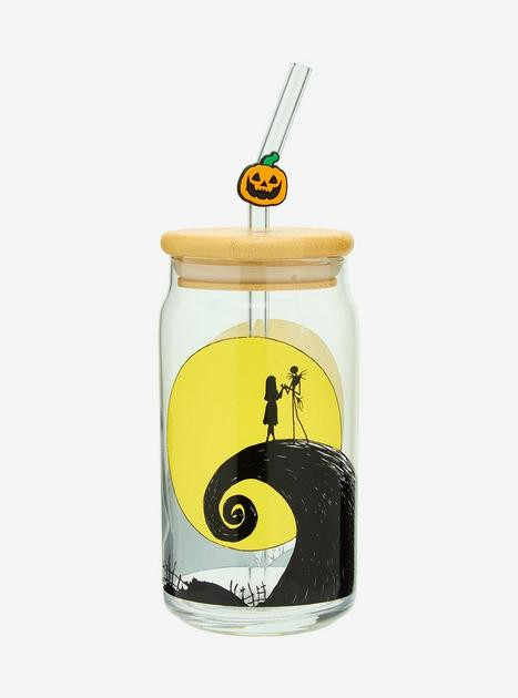 Disney The Nightmare Before Christmas Spiral Hill Silhouette Glass Cup with Straw | BoxLunch