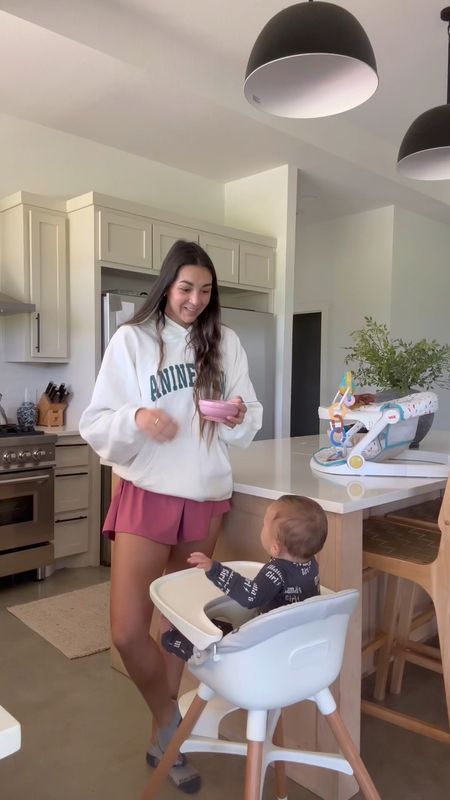Medium in sweatshirt and Amazon athletic dress, high chair linked too  