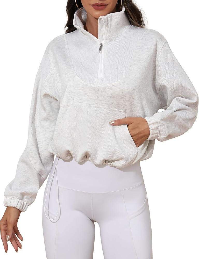 kayamiya Women's Soft Ribbed Half Zip Cropped Sweatshirt Stand Collar Drawstring Lightweight Pull... | Amazon (US)