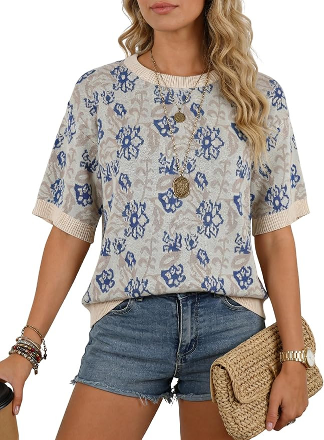 Women's Short Sleeve Floral Sweater Loose Casual Boho Crewneck Knit Pullover Top 2026 Summer Shir... | Amazon (US)