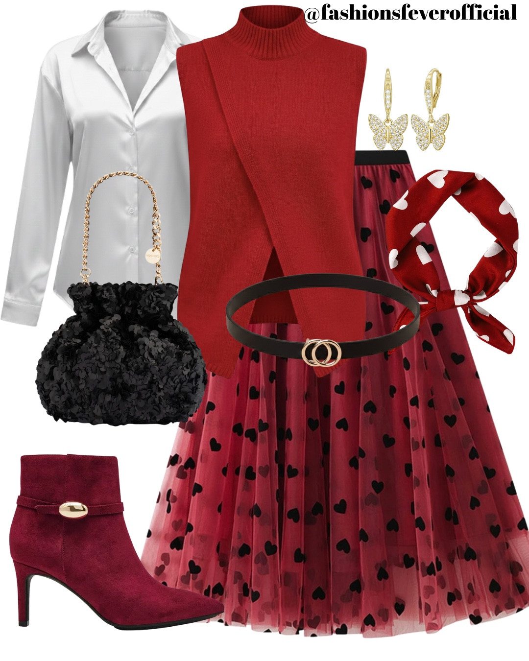 Chic Valentine’s Day Outfit Idea ❤️ | Red Tulle Skirt & Layered Sweater Vest

The Look: Falling in love with this romantic street-style moment! For this Valentine's Day look, I’ve combined classic feminine textures with modern layering. I'm wearing a long red tulle midi skirt featuring a black heart-print pattern. To keep it sophisticated, I layered an asymmetrical red overlap sweater vest over a crisp white button-down shirt.

Styling Details: I used a black double-ring belt to cinch the waist and create a flattering silhouette. A key detail for this look is pulling the shirt collar out and tying a matching heart-print silk scarf snugly underneath for that polished, Parisian-inspired finish. I completed the ensemble with burgundy suede ankle boots, butterfly drop earrings, and a textured black clutch.

Perfect For:
• Valentine’s Date Night: Effortlessly romantic and stylish.
• Galentine’s Brunch: A fun, themed look for photos with the girls.
• Winter Office Style: Professional yet festive for February.
Shop the full outfit below to get the look!

#ValentinesDayOutfit #VDayStyle #HeartPrint #TulleSkirt #SweaterVest #NYCStyle #WinterFashion2026 #RomanticStyle #DateNightLook #LTKSeasonal #HolidayStyle #ModestFashion #LTKStyletip

#LTKValentine #LTKootd