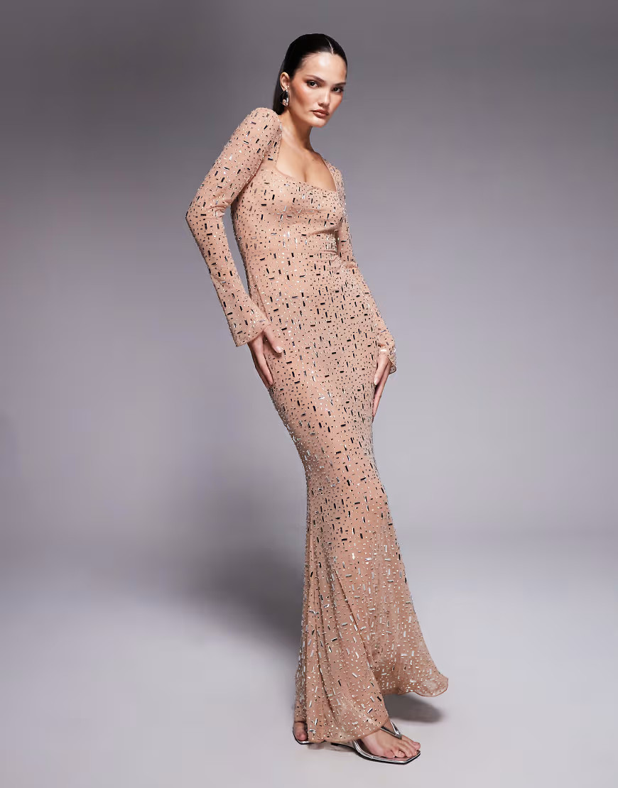 Oh Polly long sleeved bodycon hot fix embellished maxi dress in beige-Neutral | ASOS (Global)