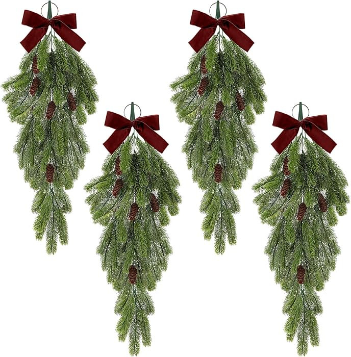 4 Pack Christmas Teardrop Swags with Velvet Bow 20 Inch Rustic Pine Greenery with Pine Cones Hang... | Amazon (US)