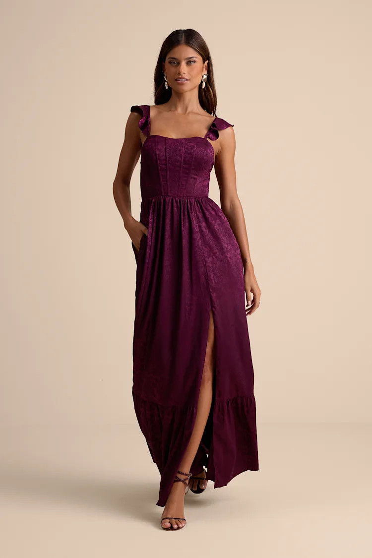Arlaith Plum Jacquard Lace-Up Corset Maxi Dress | Lulus