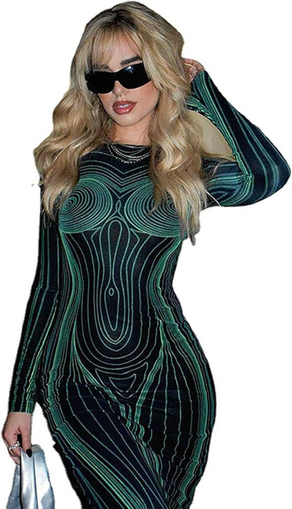 Womens Sexy Fashion 3D Printing Elegant Bodycon Long Sleeve Wrap Front Basic Maxi Long Dress Part... | Amazon (US)