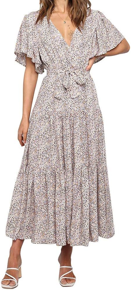 Exlura Women's Summer Dresses Bohemian Floral Printed V-Neck Short Sleeve Midi Dress with Belt | Amazon (US)