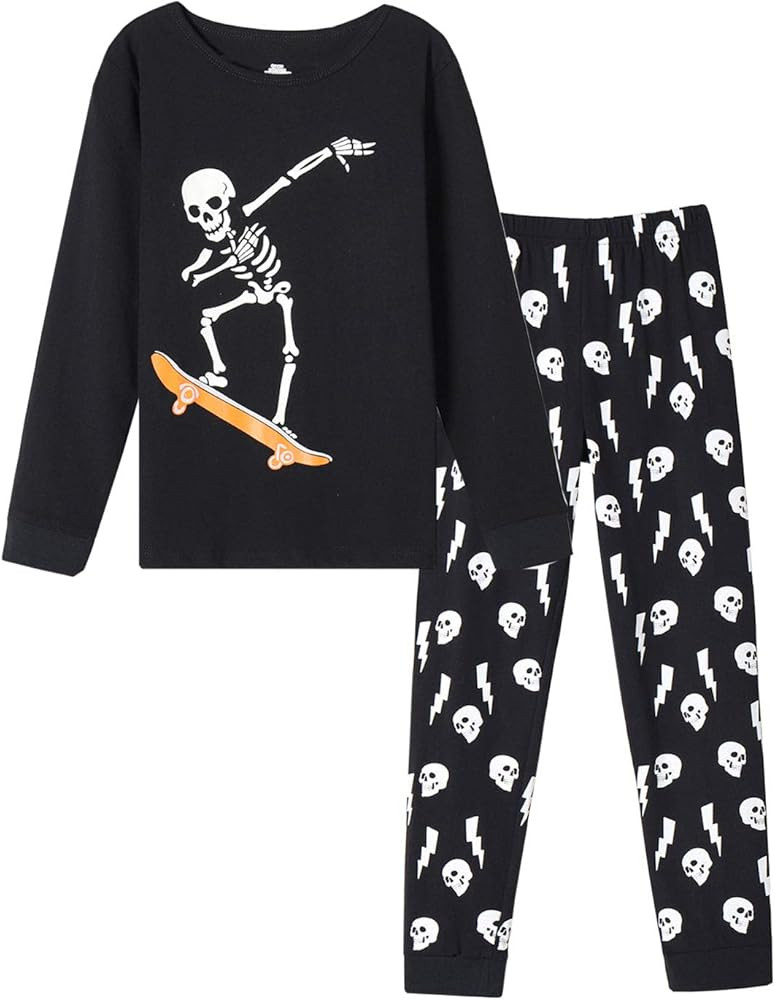 Boys Pajama Glow in Dark Skull Pjs Cotton Long Sleeve Casual Snug Fit Sleepwear | Amazon (US)