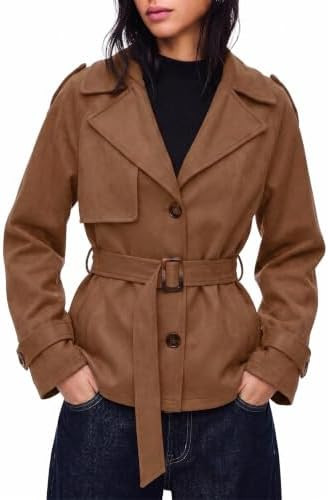Simplee Womens Faux Suede Jacket Fall Short Trench Coat with Belt | Amazon (US)