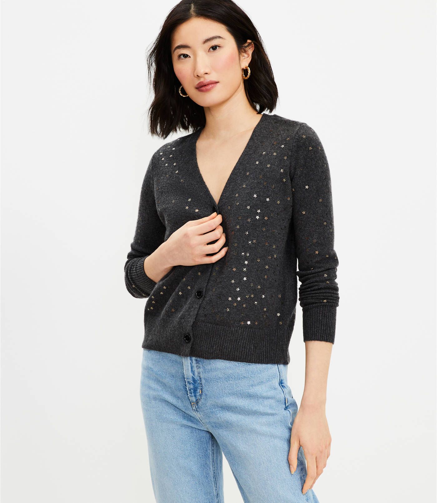 Star Sequin V-Neck Cardigan | LOFT