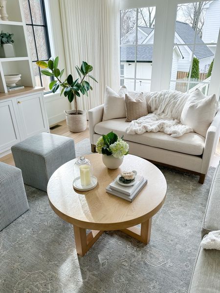 Living room design, round coffee table, gray rug, white sofa, apartment sofa, loveseat, coffee table decor, cube ottoman, family room, design ideas, neutral home, home decor 

#LTKFind #LTKhome #LTKstyletip